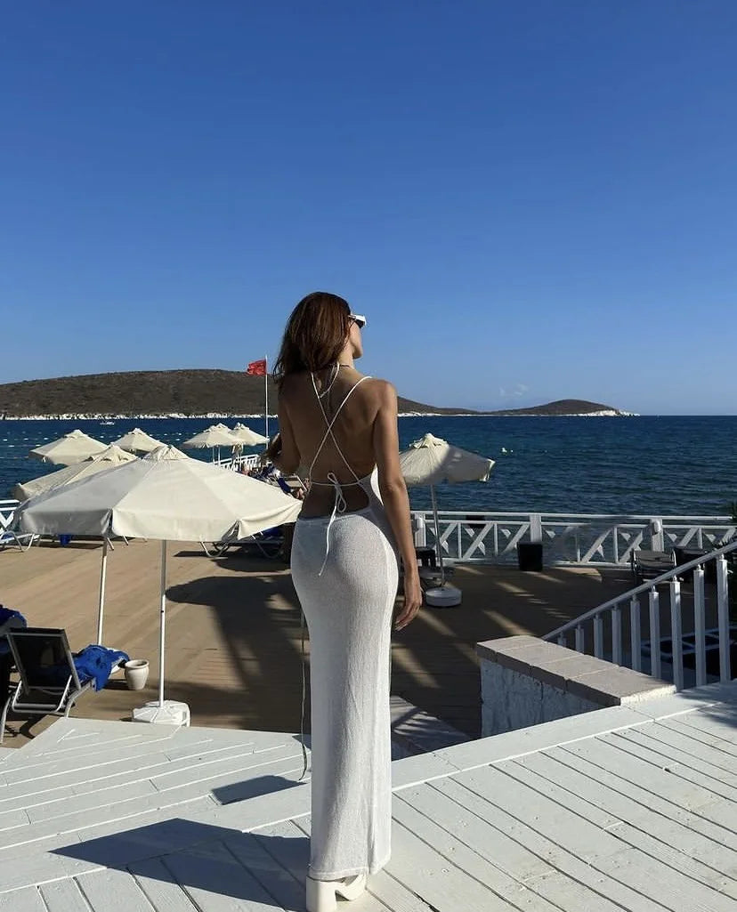 QWEEK 2024 Beach Sexy Knitted Backless See-through Slit Halter Slip Long Dress Holiday Vacation Off Shouder Summer Maxi Dresses