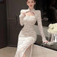 Elegant Long Sleeves Party Dress for Women Sexy Chinese Style Lace Cheongsam Autumn One Piece Slim Party Prom Vestido Mujers New