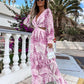 Elegant Women's Dresses Summer Hollow Sexy Print V-Neck Long Sleeve Dress Holiday Beach Lady Vesido Mujer Robe S-XXXL