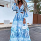 Elegant Women's Dresses Summer Hollow Sexy Print V-Neck Long Sleeve Dress Holiday Beach Lady Vesido Mujer Robe S-XXXL