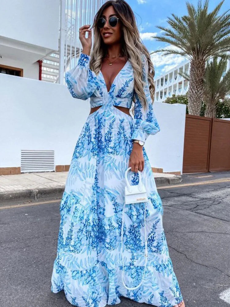 Elegant Women's Dresses Summer Hollow Sexy Print V-Neck Long Sleeve Dress Holiday Beach Lady Vesido Mujer Robe S-XXXL