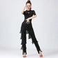 Womens Dancewear Elastic Waistband Tassel Latin Dance Pants Tango Cha-Cha Performance Costume Tiered Fringed Trousers