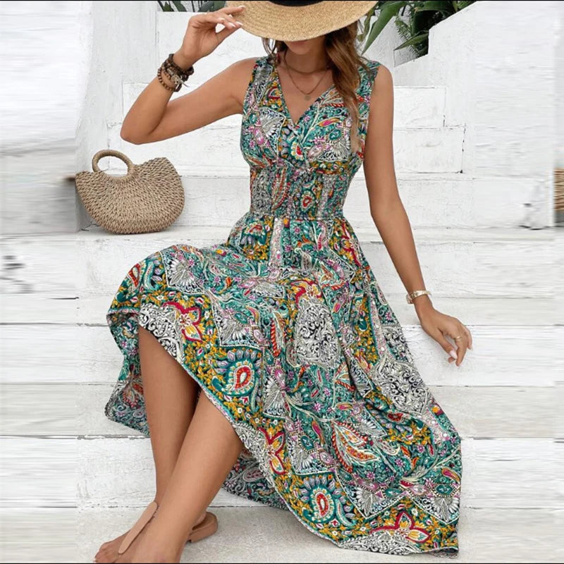 Women Flower Print Dress Boho A-Line Long Dress Women Summer Vintage Maxi Dresses Casual Loose Holiday Party Dress 2023