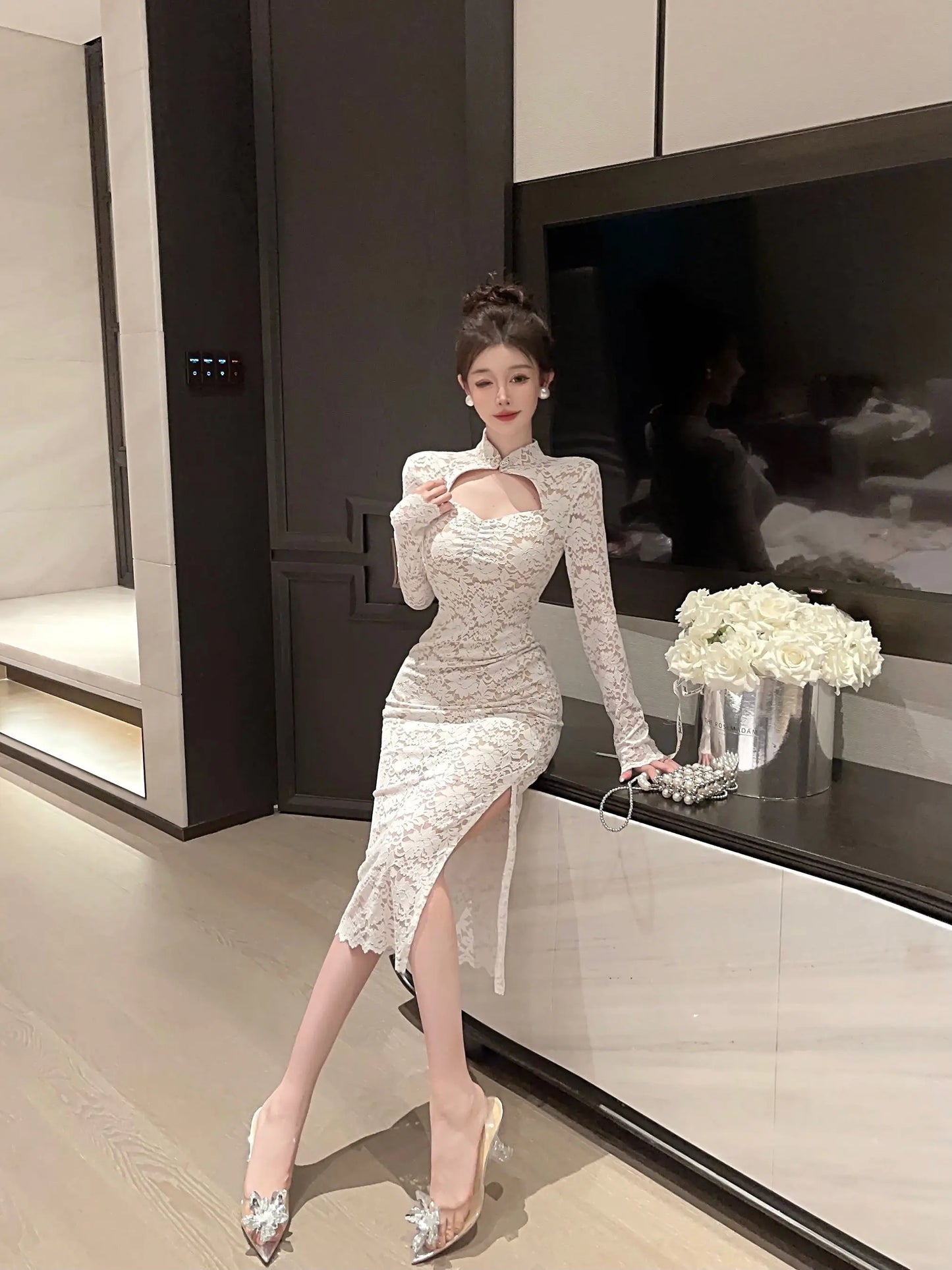 Elegant Long Sleeves Party Dress for Women Sexy Chinese Style Lace Cheongsam Autumn One Piece Slim Party Prom Vestido Mujers New