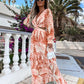 Elegant Women's Dresses Summer Hollow Sexy Print V-Neck Long Sleeve Dress Holiday Beach Lady Vesido Mujer Robe S-XXXL