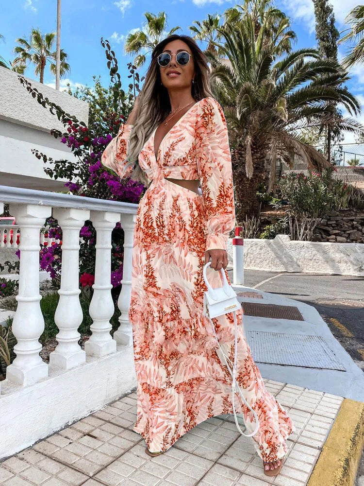 Elegant Women's Dresses Summer Hollow Sexy Print V-Neck Long Sleeve Dress Holiday Beach Lady Vesido Mujer Robe S-XXXL