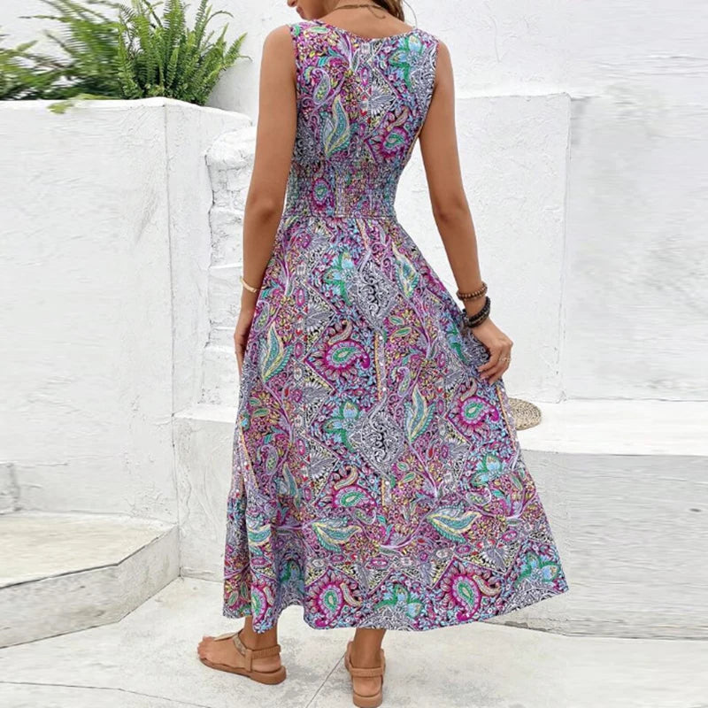 Women Flower Print Dress Boho A-Line Long Dress Women Summer Vintage Maxi Dresses Casual Loose Holiday Party Dress 2023