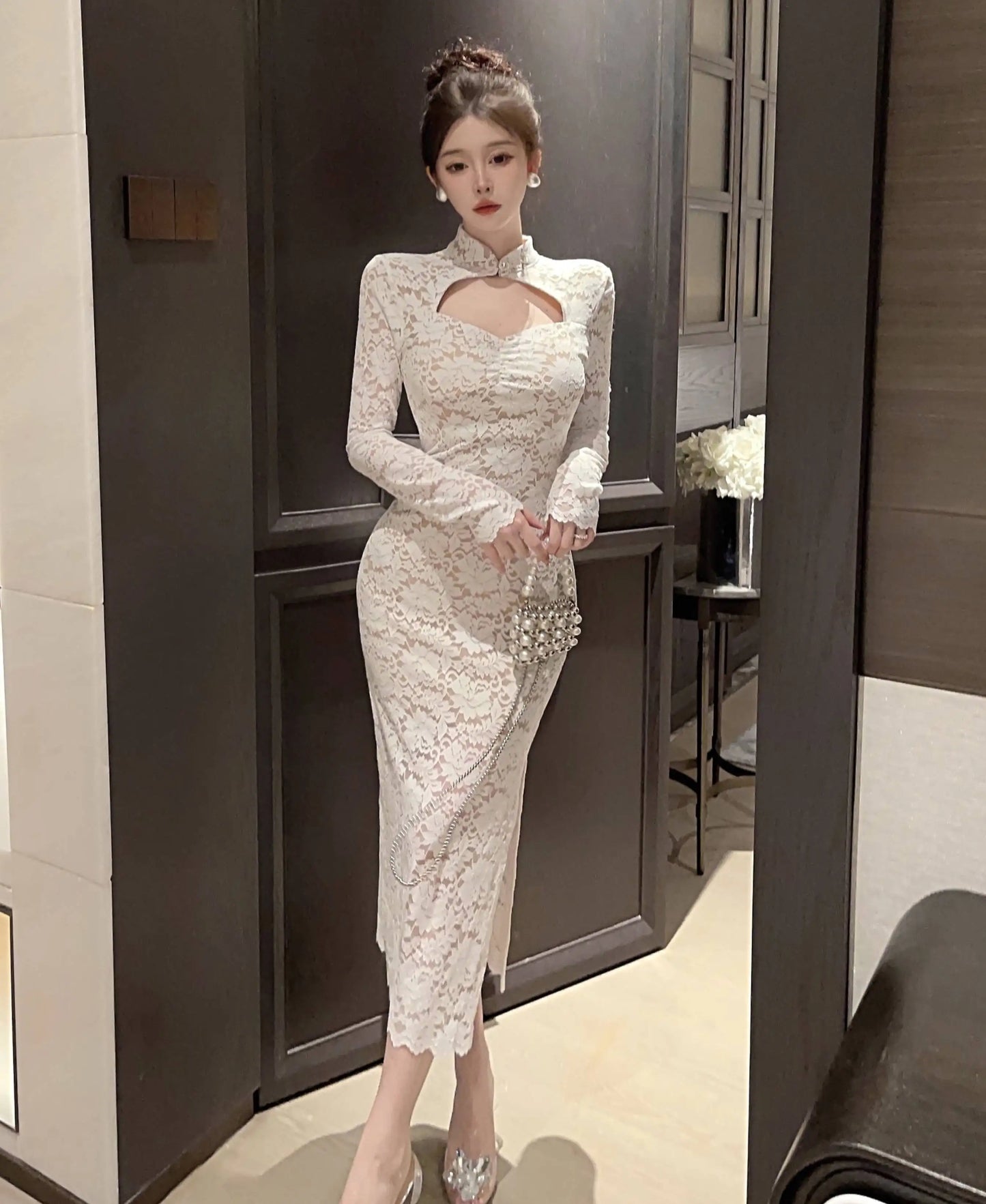 Elegant Long Sleeves Party Dress for Women Sexy Chinese Style Lace Cheongsam Autumn One Piece Slim Party Prom Vestido Mujers New