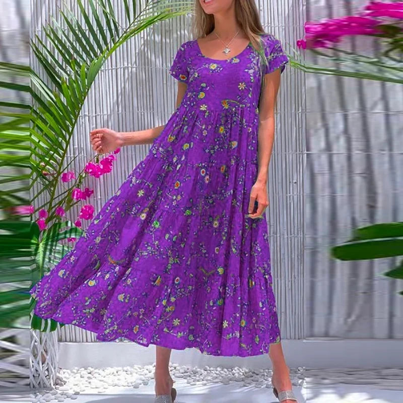 Women Flower Print Dress Boho A-Line Long Dress Women Summer Vintage Maxi Dresses Casual Loose Holiday Party Dress 2023