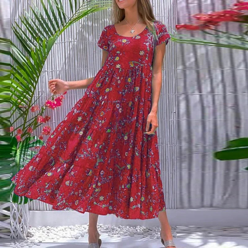 Women Flower Print Dress Boho A-Line Long Dress Women Summer Vintage Maxi Dresses Casual Loose Holiday Party Dress 2023