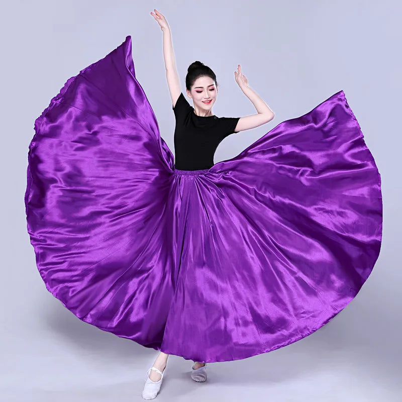 New Woman 360 Degree Satin Skirt Belly Dance Women Gypsy Long Skirts Dancer Practice Wear Assorted Solid Purple Gold Dance Skirt