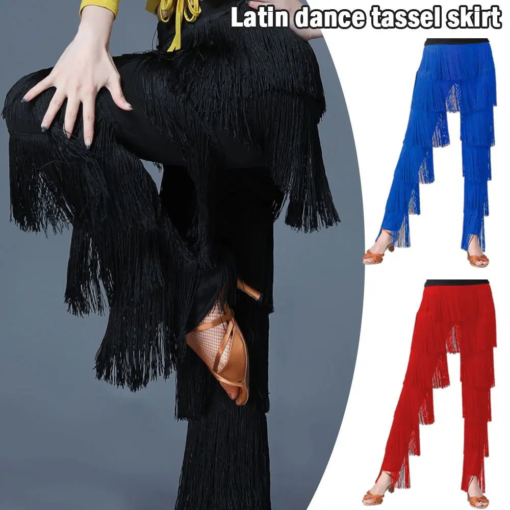 Womens Dancewear Elastic Waistband Tassel Latin Dance Pants Tango Cha-Cha Performance Costume Tiered Fringed Trousers