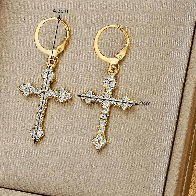 New Rhinestone Zircon Cross Pendant Earrings For Women Korean Fashion Drop Hoop Earrings Birthday Party Jewelry Gifts