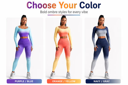 CORPOAMOR Women's Seamless Ombre 2-Piece Workout Set: High-Waisted Leggings and Crop Top Yoga Ensemble