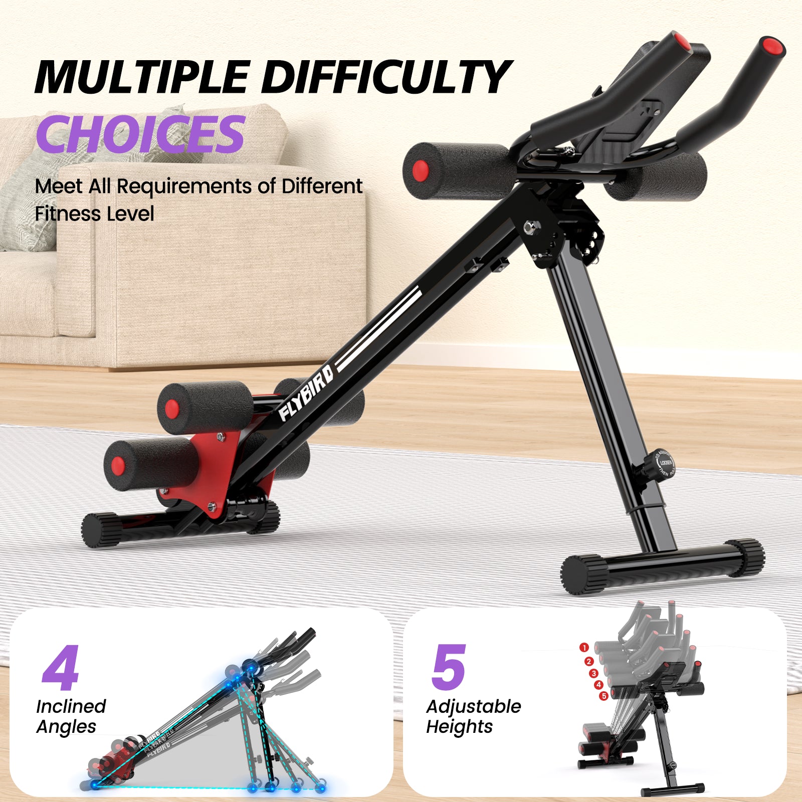 FLYBIRD Adjustable Ab Workout Equipment, Full Body Strength Training, Foldable Waist Trainer, 330 Lb Capacity