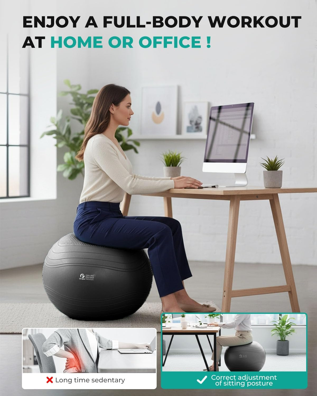 Yoga Ball, Extra Thick Exercise Ball for Workout Pregnancy Stability - 4 Sizes anti Burst Balance Ball for Yoga, Pilates, Fitness, Birthing, Physical Therapy - Includes Pump