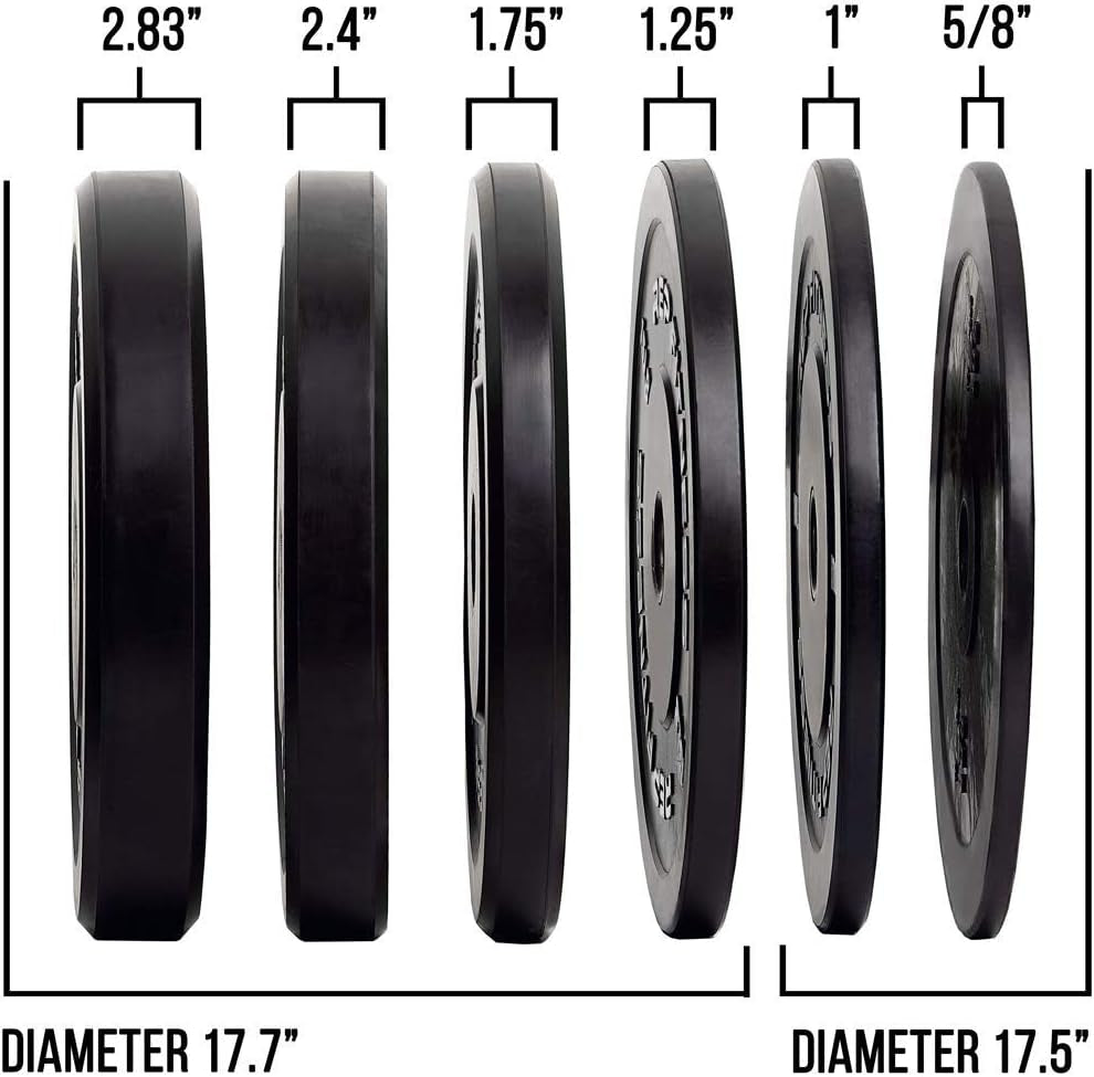 Fitness Rubber Bumper Plates, 5Lb to 370 Lb Set Pairs, Olympic Standard Weights, Shock Absorbing Low Bounce Design, for Home Gyms, Fitness Centers, Strength Workouts, Barbell Use