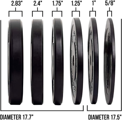 Fitness Rubber Bumper Plates, 5Lb to 370 Lb Set Pairs, Olympic Standard Weights, Shock Absorbing Low Bounce Design, for Home Gyms, Fitness Centers, Strength Workouts, Barbell Use