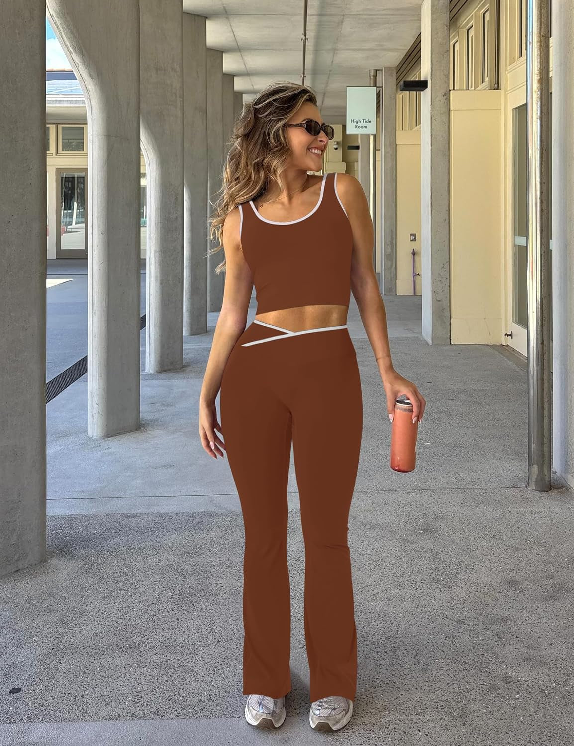 Womens Workout Sets 2 Piece Flare Leggings Contrast Top
