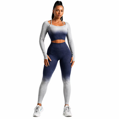 CORPOAMOR Women's Seamless Ombre 2-Piece Workout Set: High-Waisted Leggings and Crop Top Yoga Ensemble
