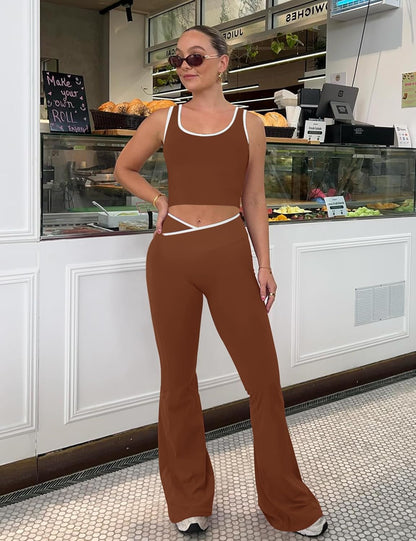 Womens Workout Sets 2 Piece Flare Leggings Contrast Top