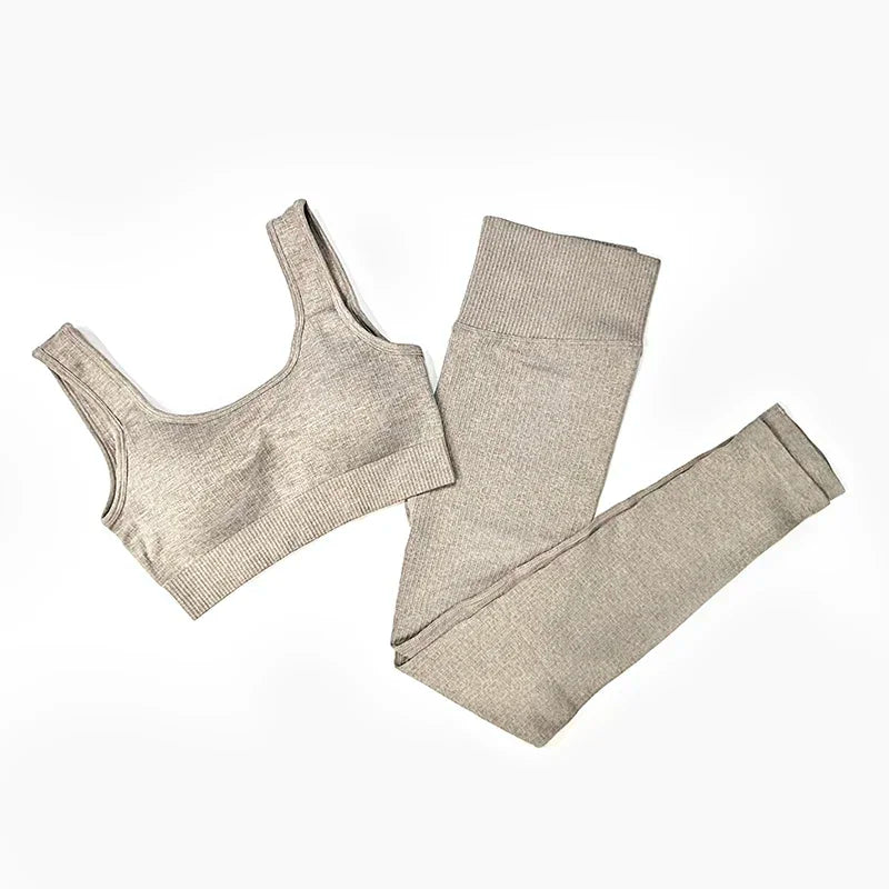 Women's Seamless Yoga Set - Athletic Workout Clothes with Long Sleeve Crop Top and Leggings