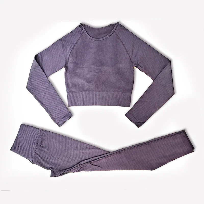 Women's Seamless Yoga Set - Athletic Workout Clothes with Long Sleeve Crop Top and Leggings
