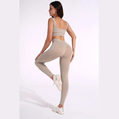 Women's Seamless Yoga Set - Athletic Workout Clothes with Long Sleeve Crop Top and Leggings