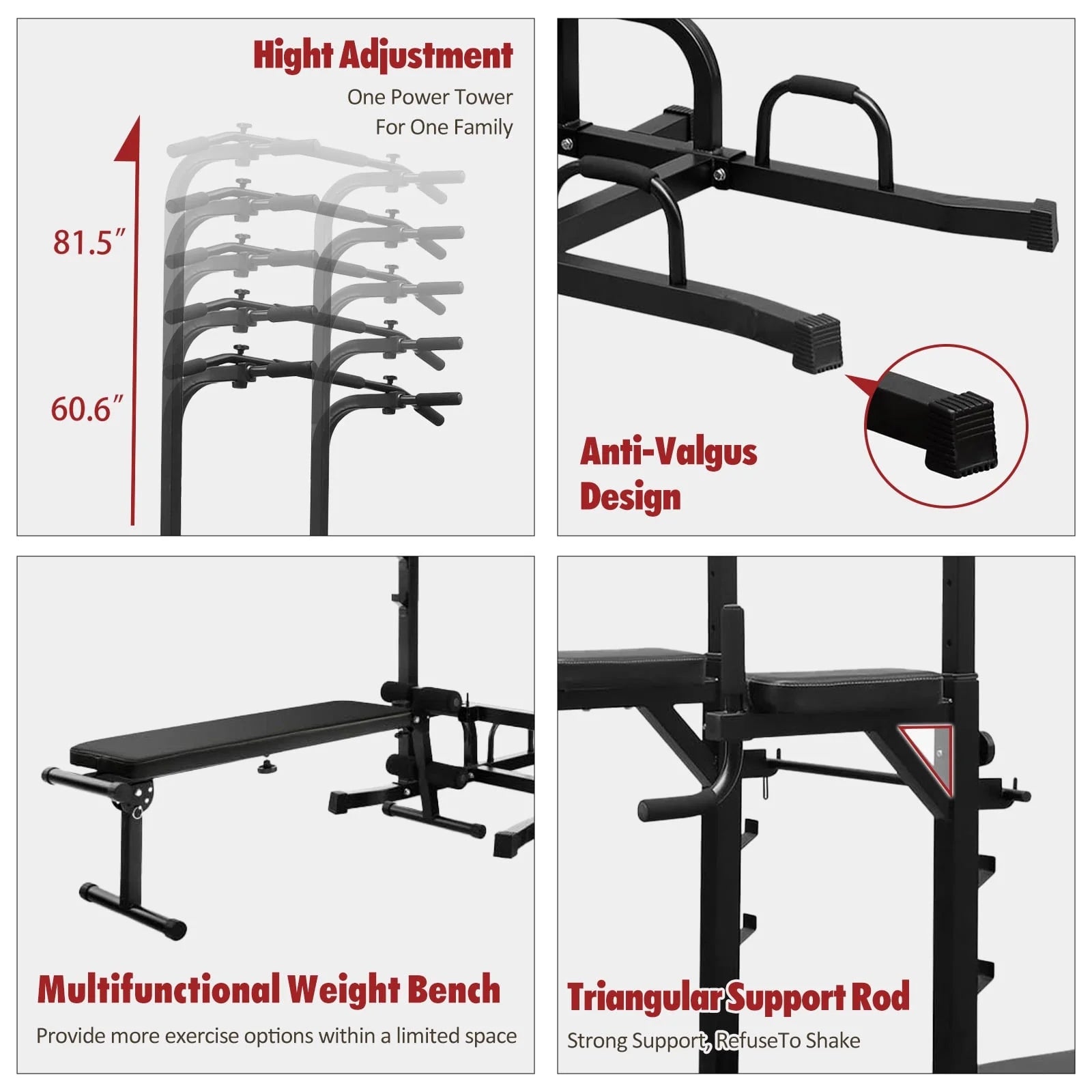 PROHIKER Adjustable Power Tower with Detachable Weight Bench and Pull-Up Bar for Home Fitness Training, Black